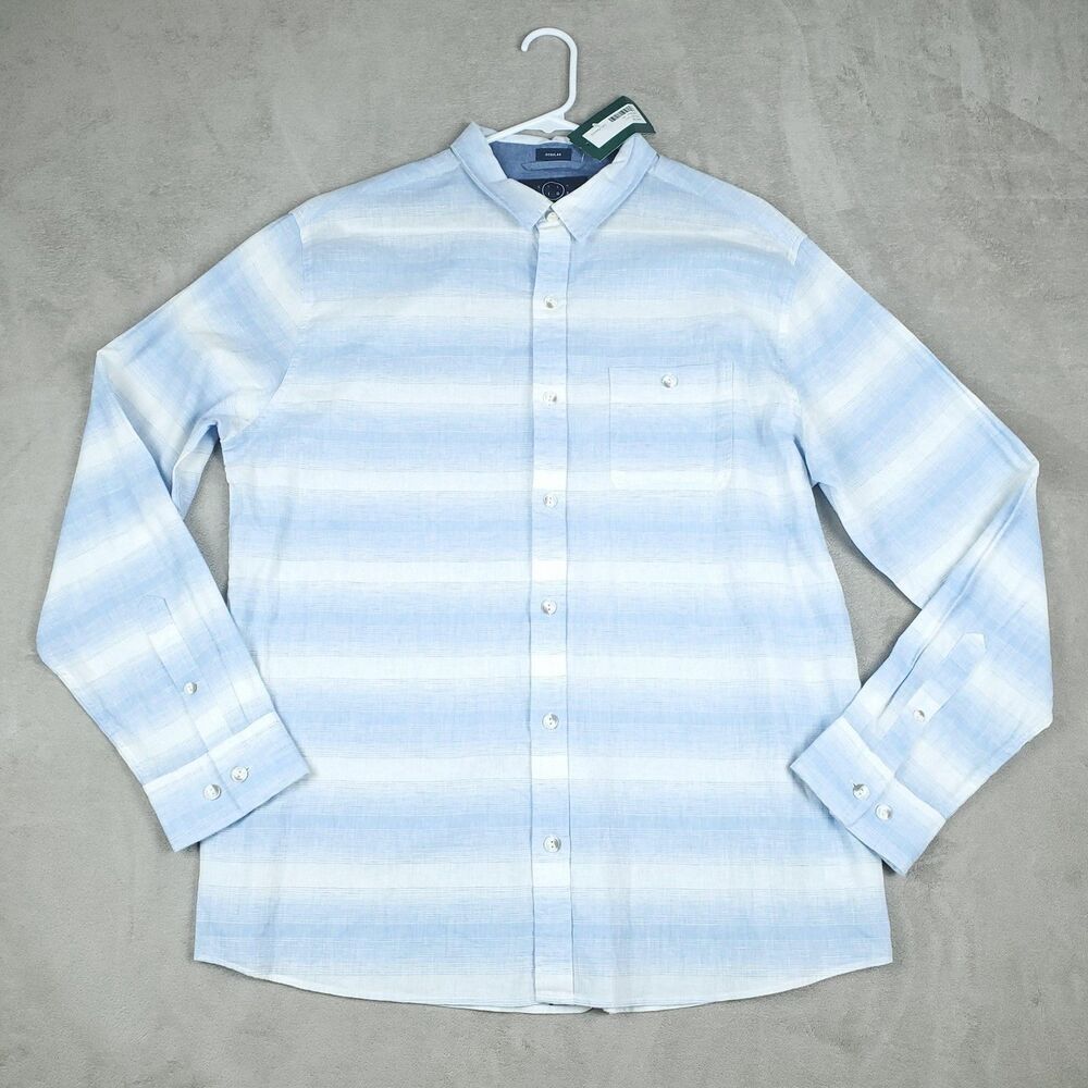 Even Tide Shirt Mens XL Light Blue Striped Kai Linen Long Sleeve Button Up